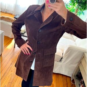 Brown Suede Button Down Jacket, Fully Lined, Notch Lapel, Size Med, Thigh Length